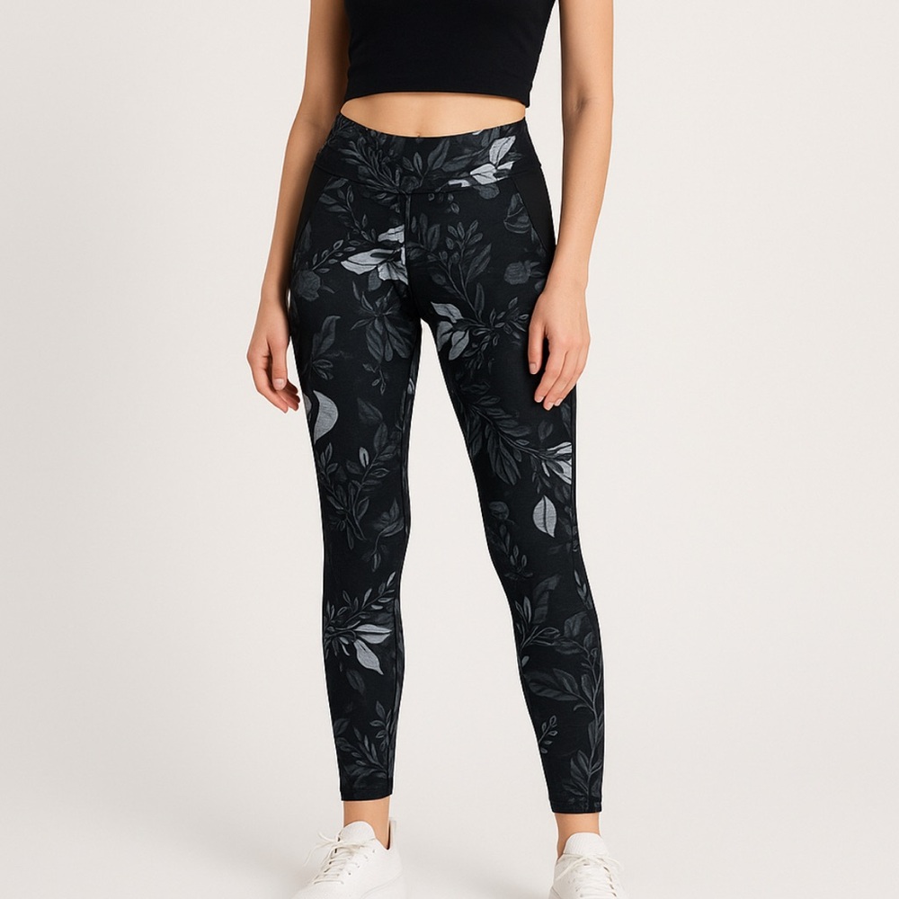 Betsey Johnson Performance Black Gray Floral Print High Waist Active Leggings XS